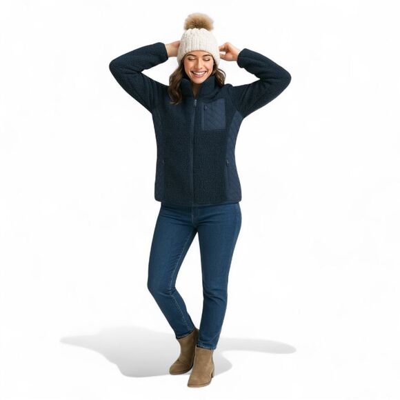 Vineyard Vines Sherpa Fleece Jacket Black Full Zip Quilted XS Cozy Gorpcore - Picture 2 of 8